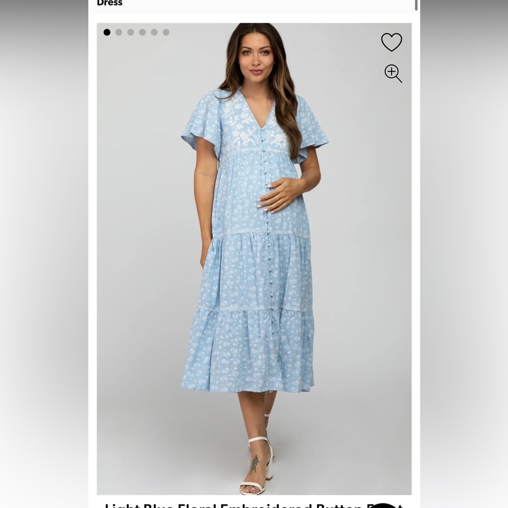 PINKBLUSH Light Blue Floral Embroidered Button Front Maternity Midi Dress